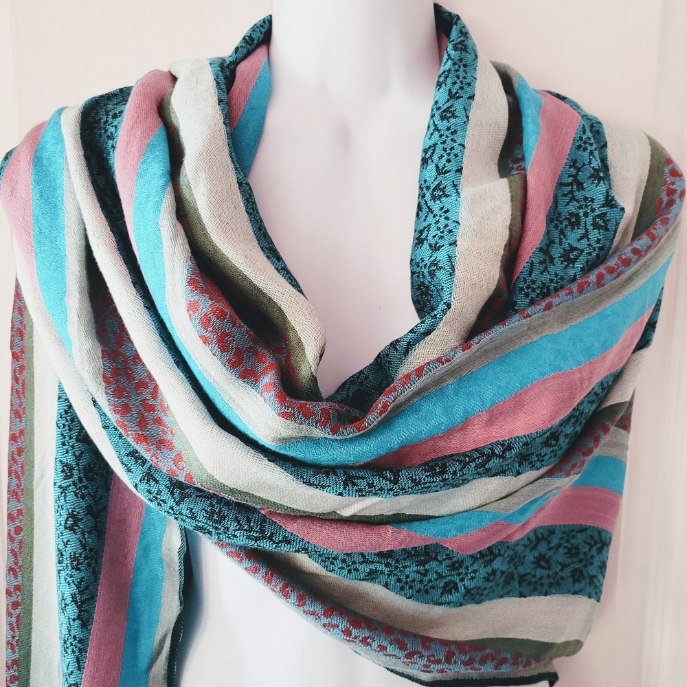 Oversized Woven Reversible Striped Scarf Blue Black Pink White - Picture 3 of 5